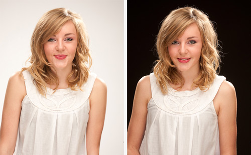 The shot on the left is with no gel on the background light and the flash head set at half power. The shot on the right is with the flash head off completely.