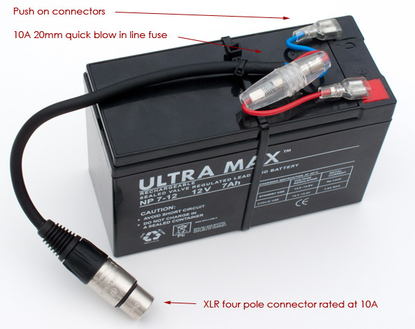 Battery configurations like this are most often carried around in purpose made shoulder bags. The battery shown is a 7Ah 12v type.