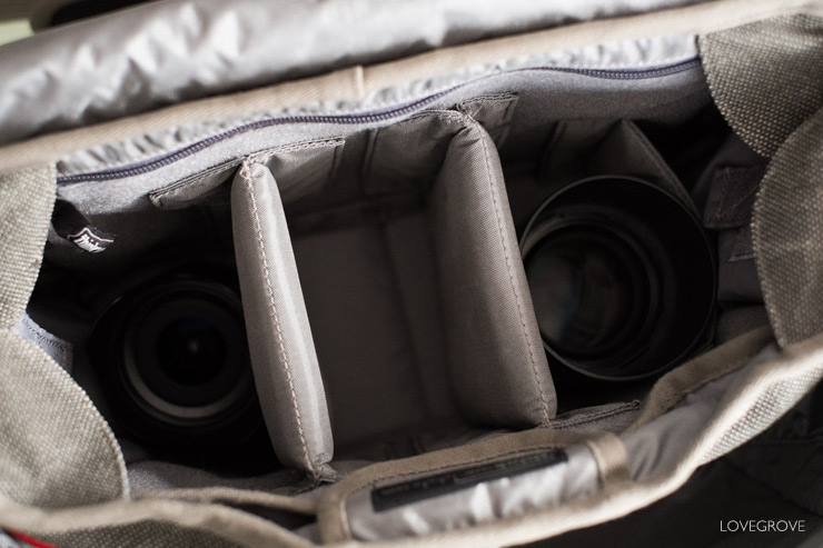 By folding over the inner struts a 'soft' bridge is formed that carries a camera with lens safely without any strain or load being placed on the lens or mount.