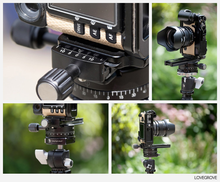 When shooting panorama photographs the camera is rigged vertically using the L plate. The frame top right shows the camera rigged so that the axis of the lens is exactly on the centre line of the rotation. This is why it is good to have accurate markings on your L bracket.