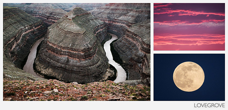 10. Left: Snake river viewpoint after sundown taken with the 14mm lens. Right: The afterglow and the full moon shot with the 100-400mm lens.