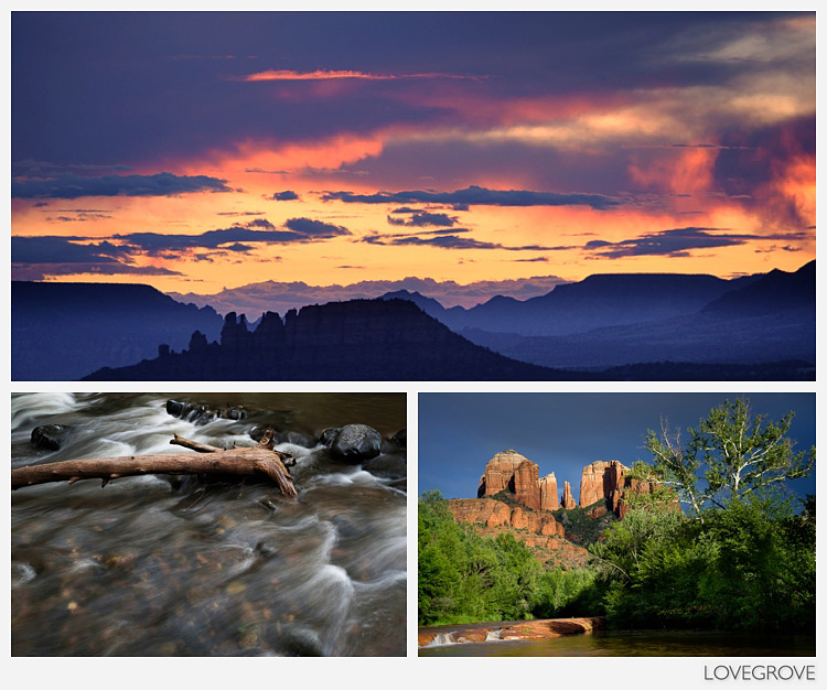 13. Sedona views. The afterglow from Airport Messa, Cathedral rock in the afternoon light and Oak Creek.