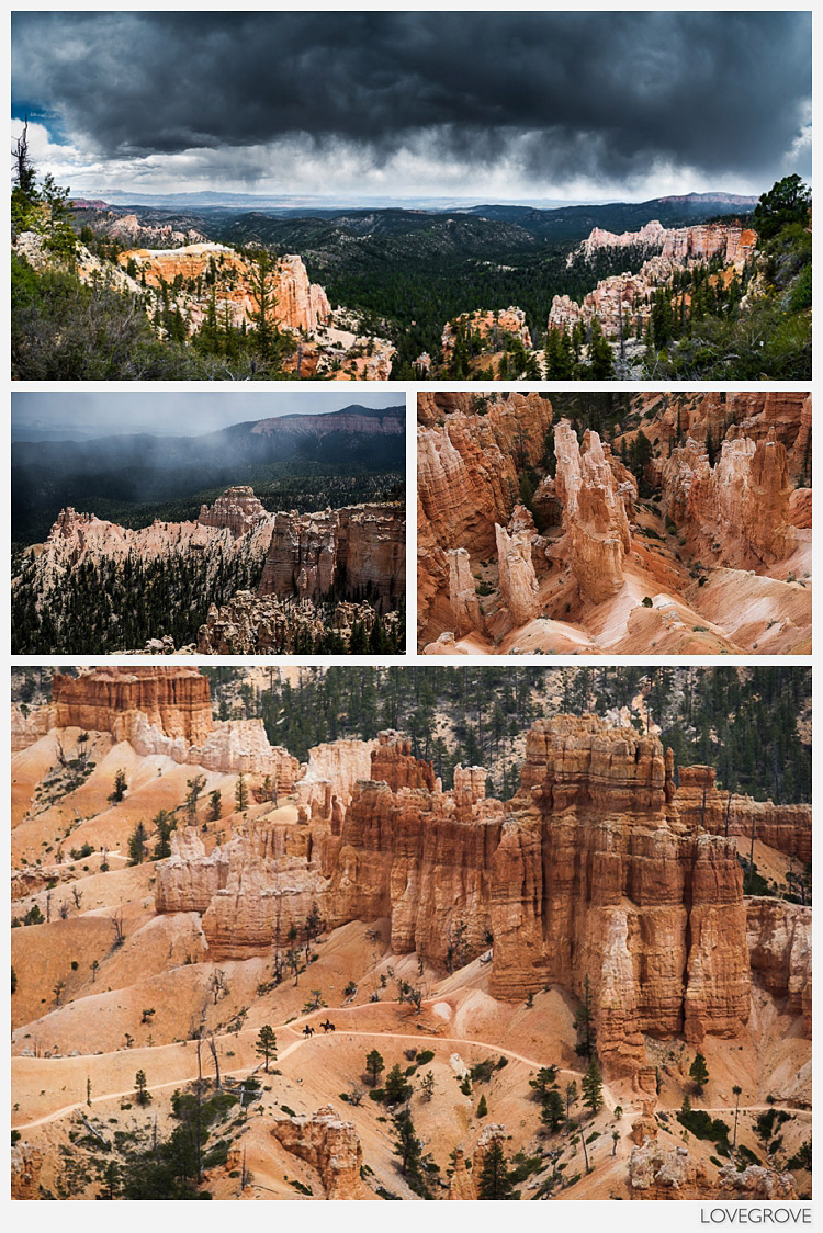 28. More hail storms passed through as we reached Bryce Canyon. Can you spot the horses on the trail in the bottom shot?