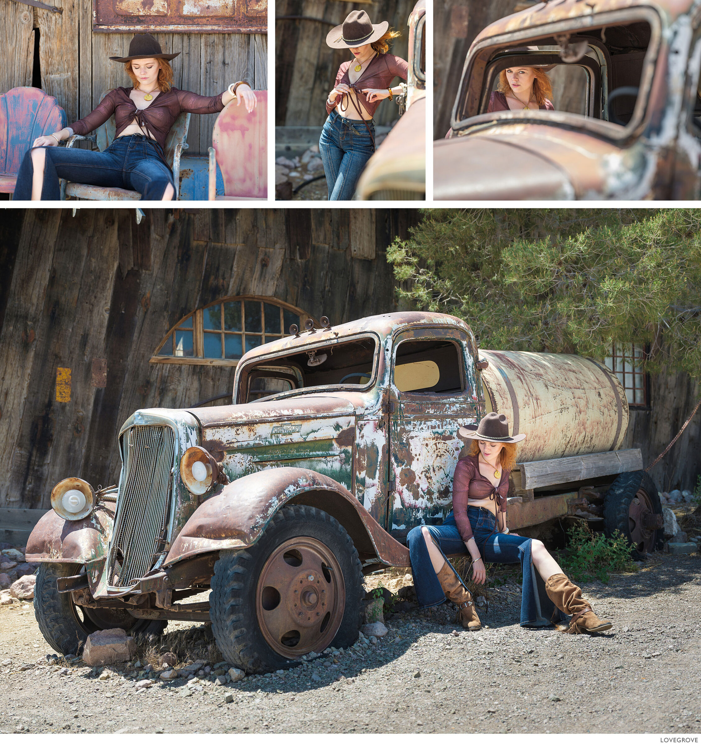 Portraits by an old truck and shack